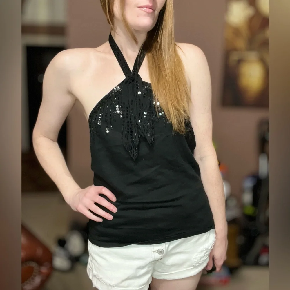 Magaschoni Black Sequin Halter Tank Top - Picture 1 of 9